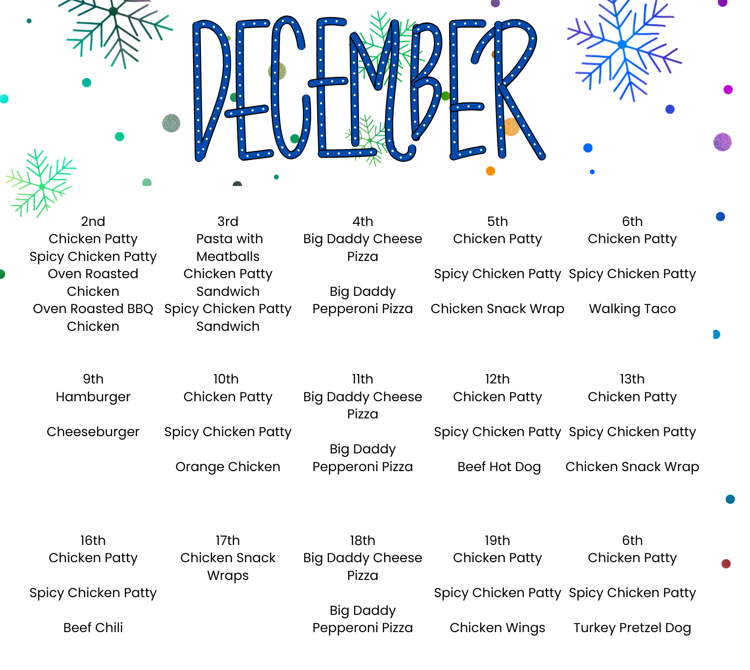  December Lunch Menu